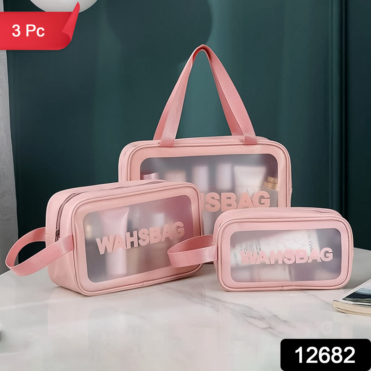 12682 Cosmetic Pouch Make Up Bag For Home  Travel Toiletry Bag For Cosmetics Brushes Accessories Set Of 3 Small Medium  Big - Wash Bag